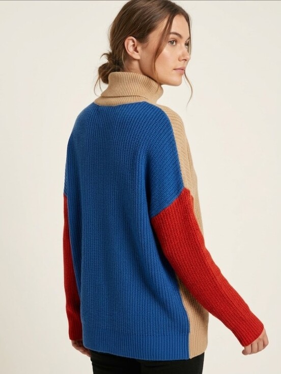 Sweaters - Turtleneck Colorblock Sweater - Cream with Rust Sleeves